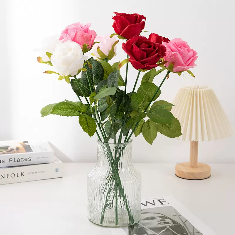 仿真花仿真手感保湿玫瑰花假花湿感玫瑰客厅摆件家居装饰厂家批发