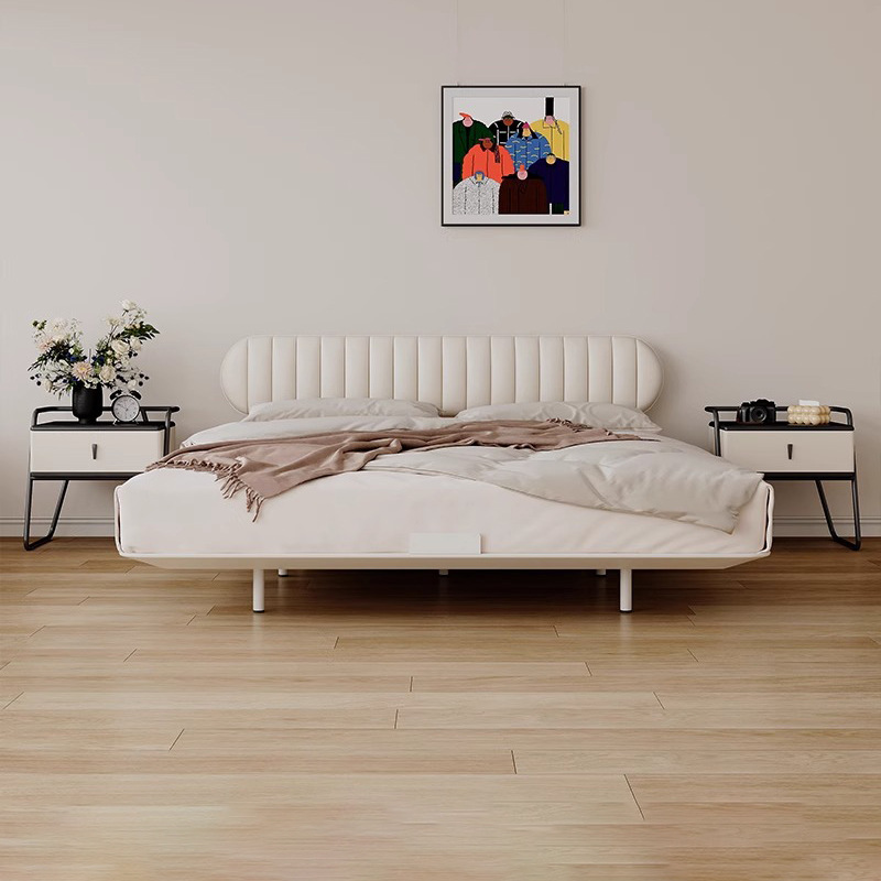 Estilo crema francés, respaldo ultrafino, cabecera, apartamento pequeño, cama de suspensión de acero al carbono, cama de pan de cuero, cama doble simple