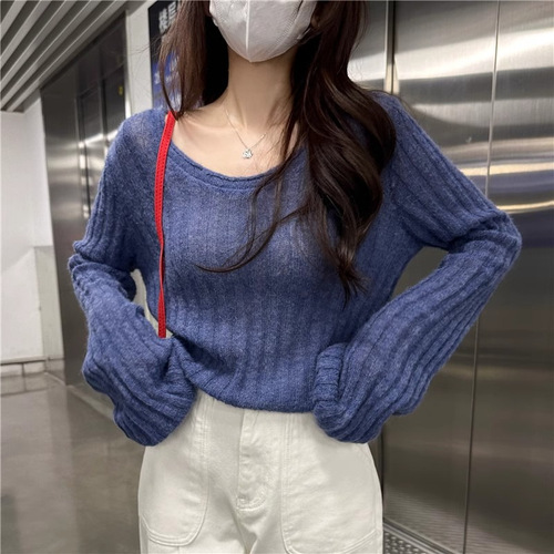 Autumn new style, sweet and spicy Korean, figure-fitting, slimming, long-sleeved sweater, lazy style, short base top for women