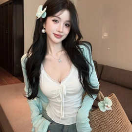 辣妹吊带背心女2026新款春季白色蕾丝上衣防晒纯色休闲开衫两件套