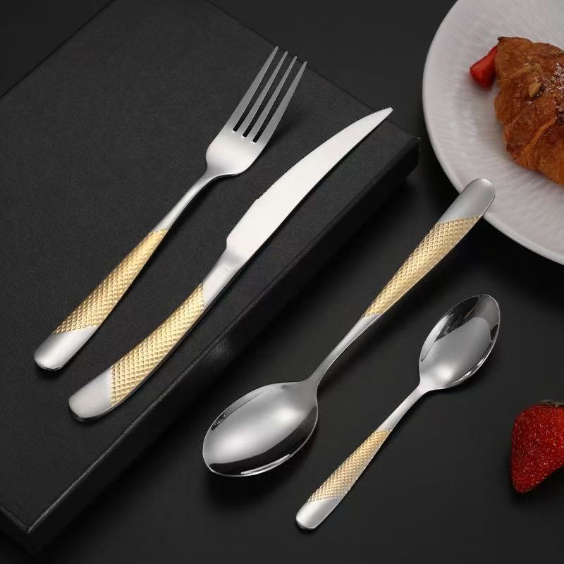 クロスボーダー410スタードリルナイフフォークスプーンステンレス食器洋食金メッキステーキナイフフォークホテル4点セット|undefined