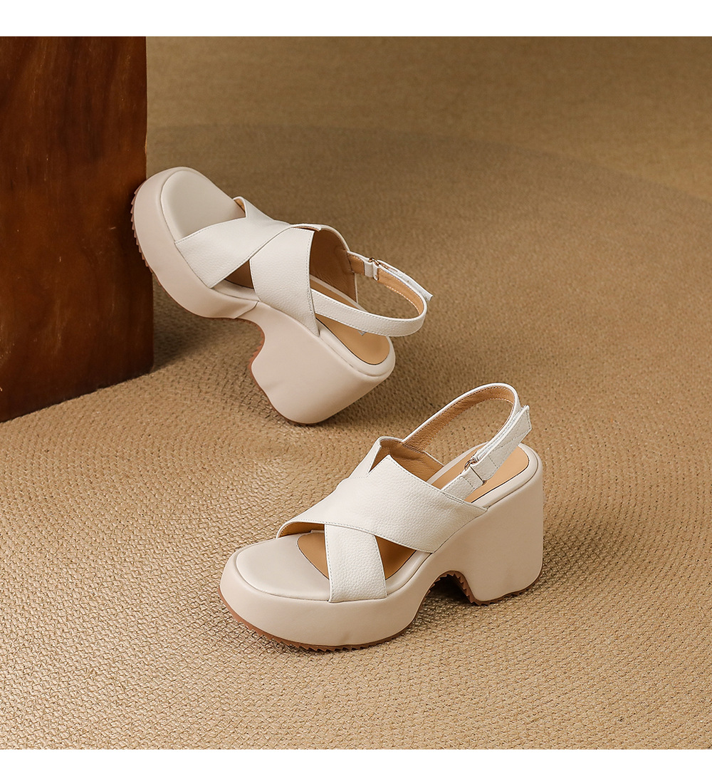 Sandal cao gót nữ hở mũi đế xuồng 10 cm da thật phong cách La Mã — màu trắng ngà, màu mơ chi tiết 14