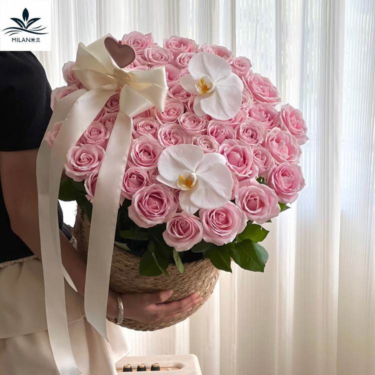 巨型仙子花篮圆形抱抱桶花盒 玫瑰花束插花蓝手工草编篮子diy礼物|undefined