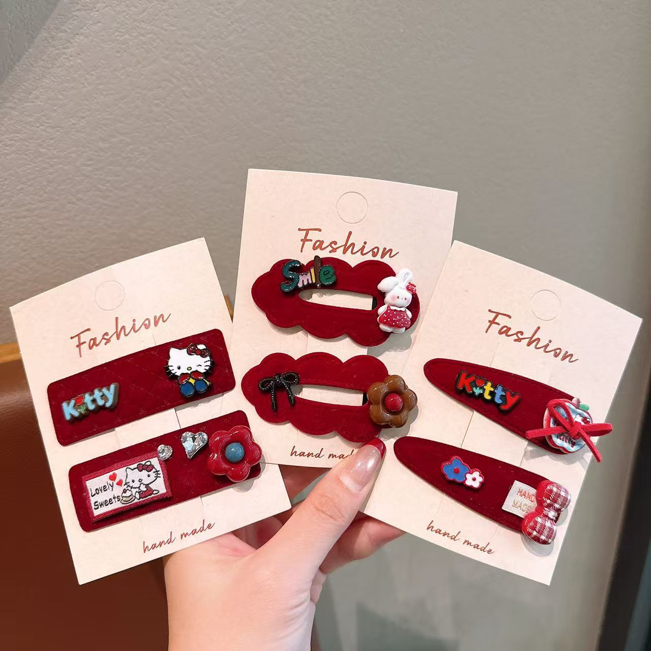 Año Nuevo vino rojo terciopelo para niños pinzas de cabello bebés estilo chino rojo chicas de dibujos animados pinzas de estilo lateral
