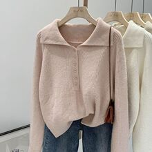 粉色慵懒韩系大翻领毛衣女秋冬2025年新款显瘦软糯针织衫百搭上衣