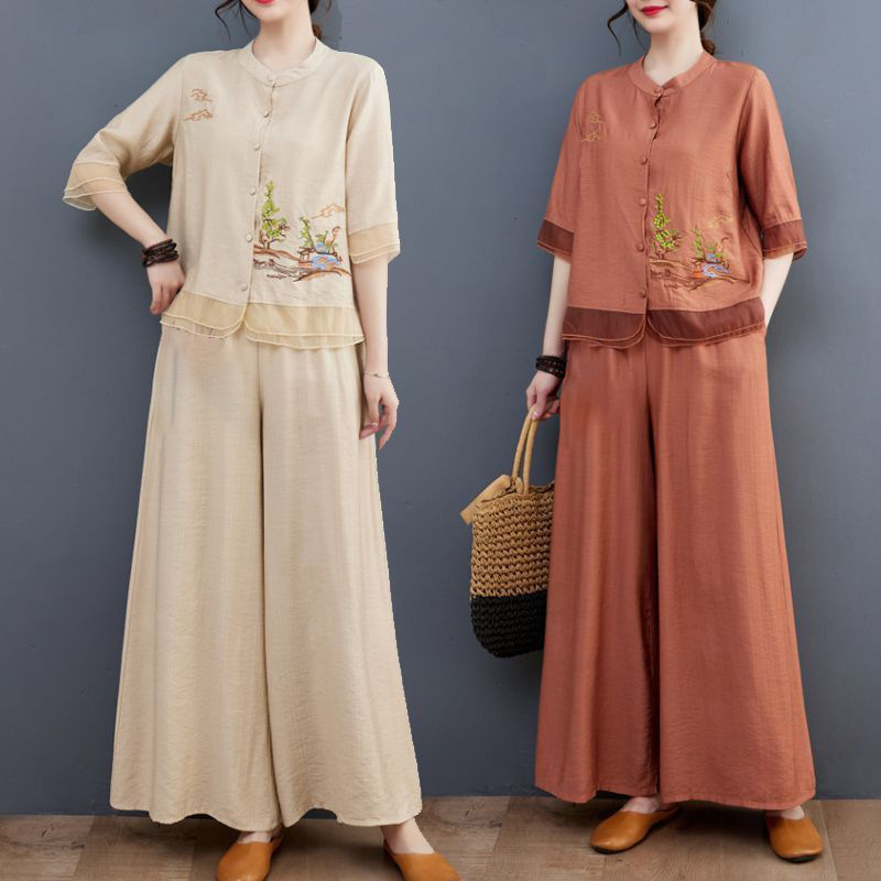 Ethnic Style Suit Women's Ramie Top Pants Summer Cotton and Linen Cardigan Chinese Linen Embroidered Mother's Loose Two-Piece Set