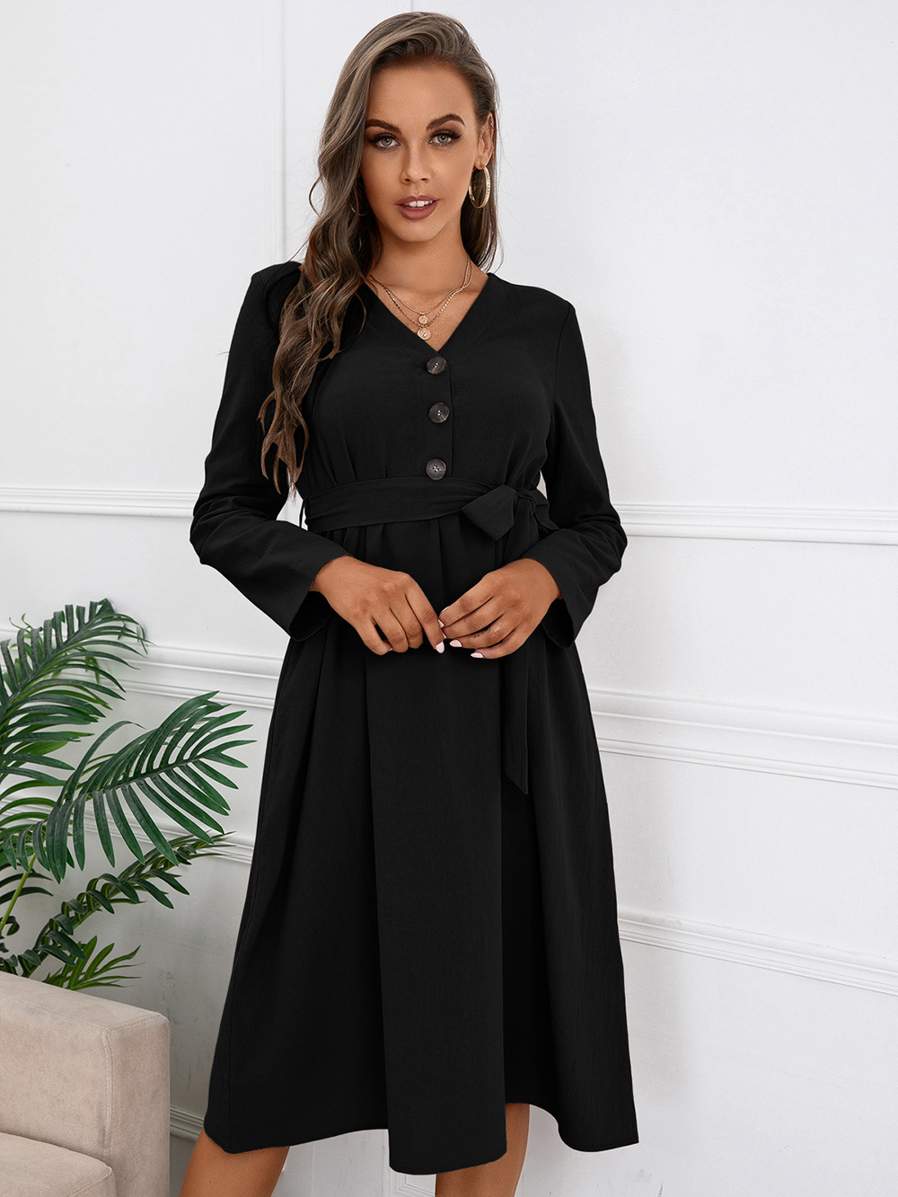 bow straps single-breasted V-neck long-sleeved dress NSYBL136718