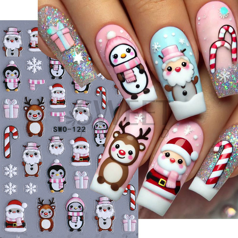 クロスボーダークリスマスネイルアートステッカー白い雪の結び目ガーランドクリスマスベルエンボス加工立体ネイルデカール|undefined