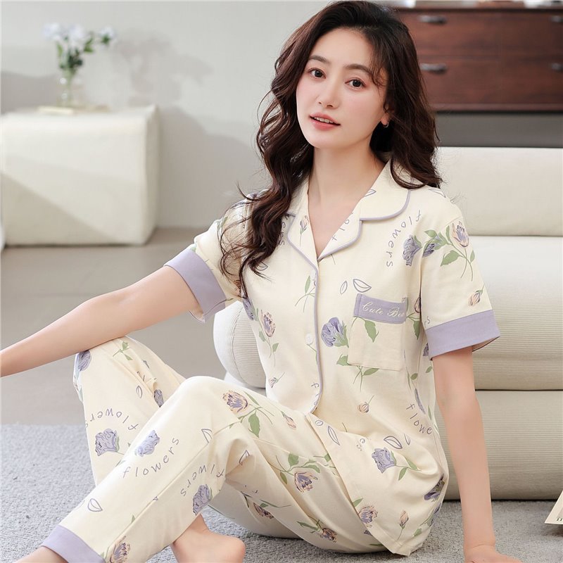 Pajamas de algodón de dos caras para mujeres de verano coreanas pantalones de manga corta, cardigan grande, ropa para el hogar juvenil