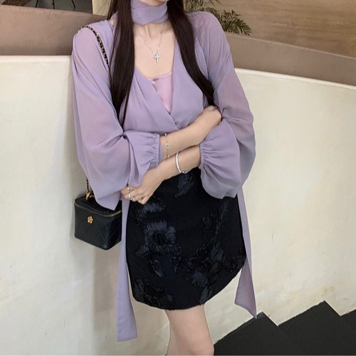 Purple Cross V-Neck Long-Sleeve Shirt + Slip Dress 2025 Spring Black Short Skirt Korean Style Fashion Set