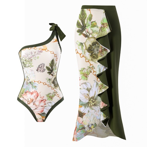 2025 Sexy One-piece Swimsuit Women's European and American Retro Off-shoulder Swimwear Chiffon Beach Dress Swimsuit Set