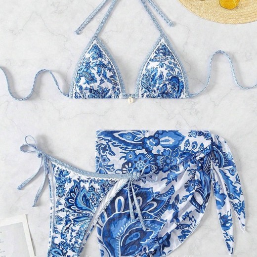 Europa y América sexy bikini trajes de baño de vacaciones de playa de tres piezas, trajes de baño de mujer de tamaño grande, productos de cola transfronterizos SHEIN Bi