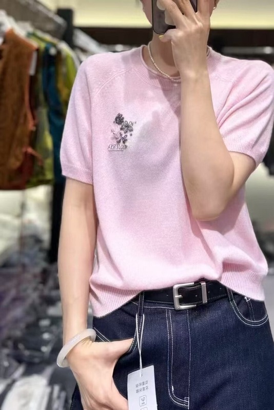 25年欧洲站早秋新款圆领花朵刺绣针织短袖羊毛针织衫色内搭|undefined