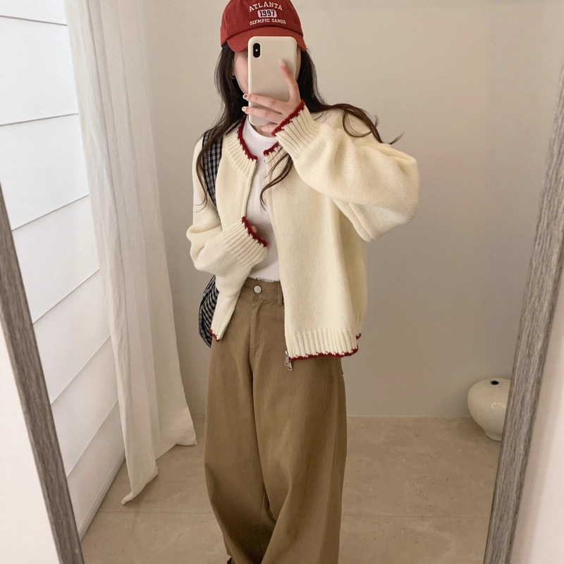 Fina Korean-Style Color-Blocking Round-Neck Double-Zipper Knit Cardigan, New Soft and Cozy Sweater Jacket for Women, Spring and Autumn
