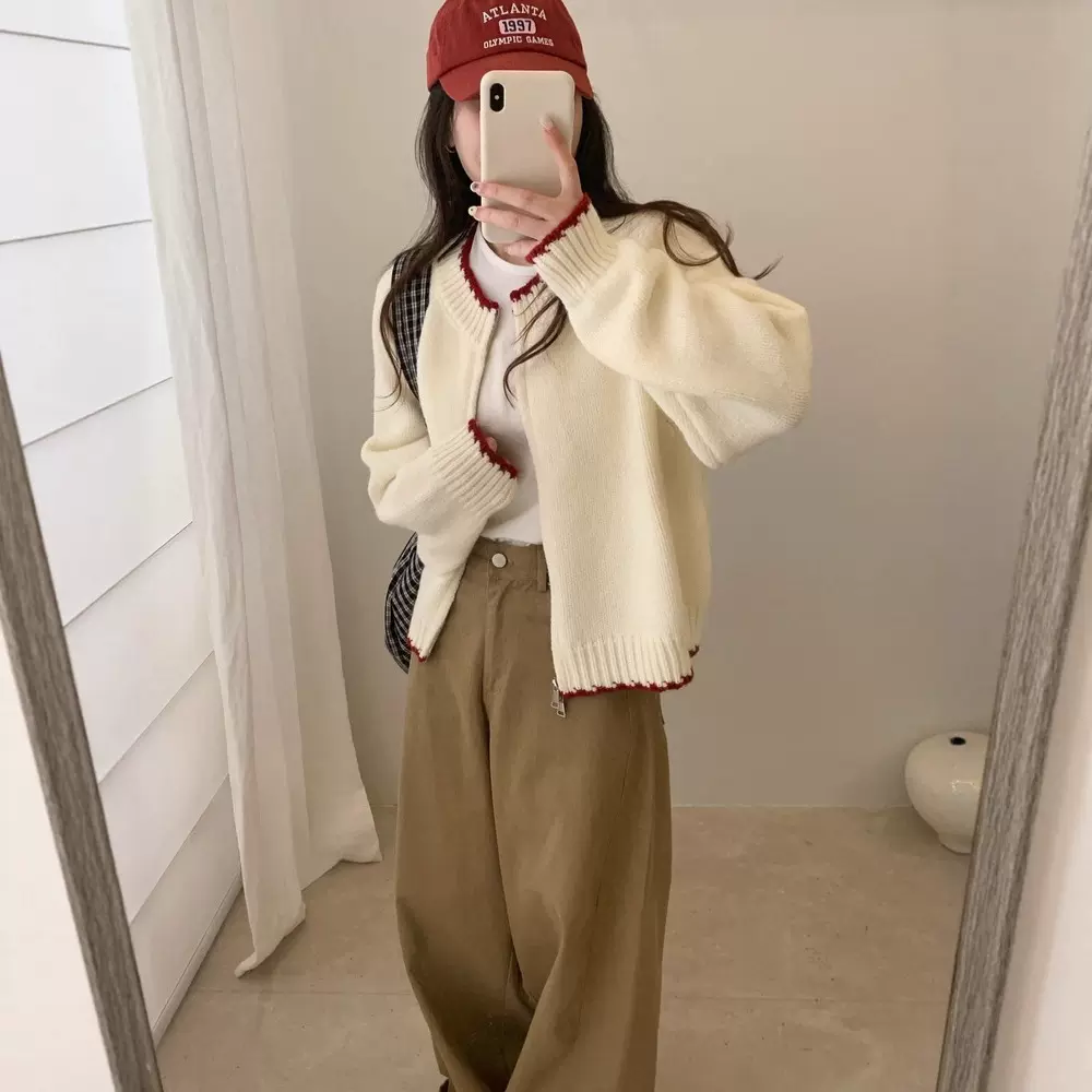 芬娜富韩系撞色圆领双拉链针织开衫春秋新款软糯风毛衣外套上衣女