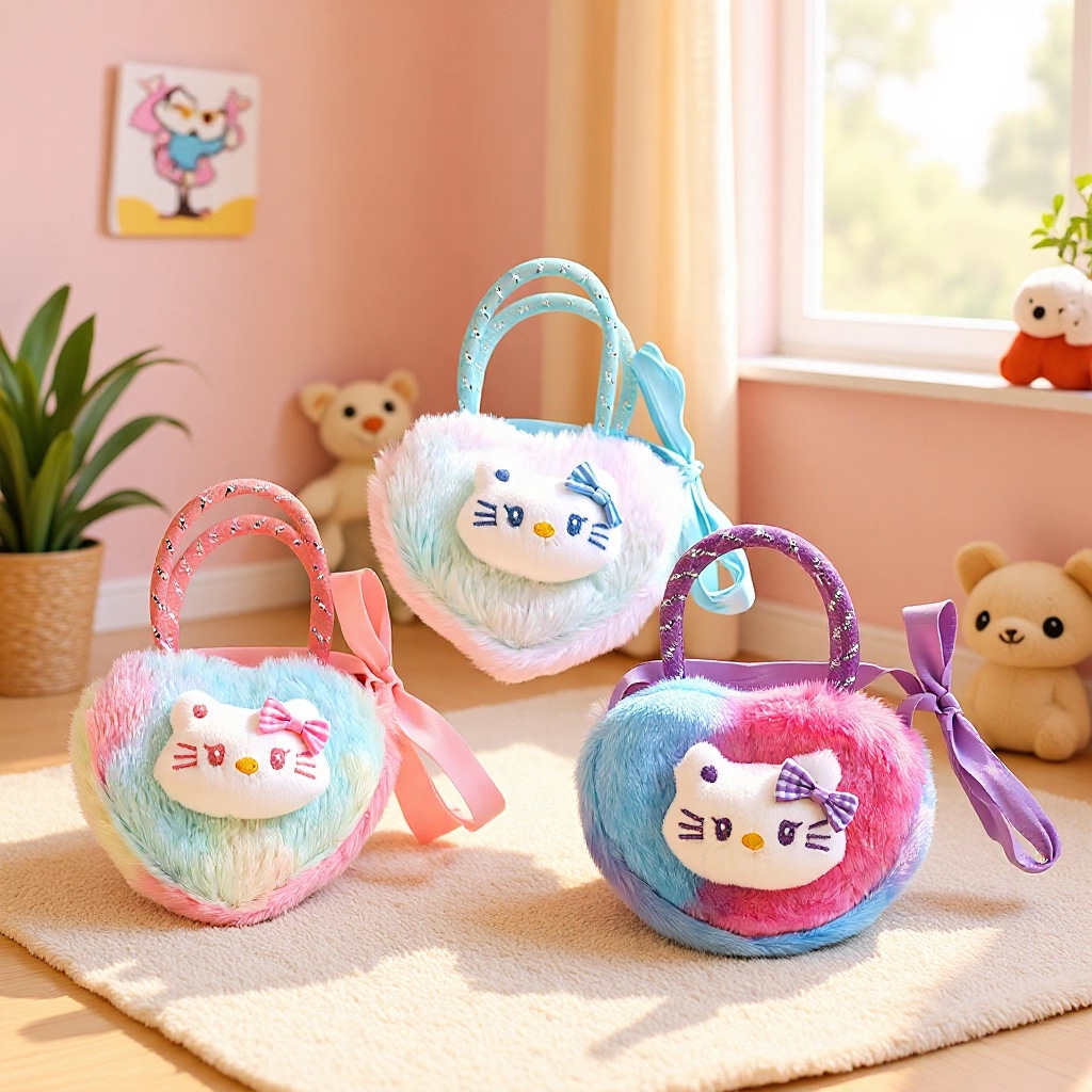 Cross-border children's cute cartoon Hello Kitty gradient plush backpack, heart-shaped shoulder bag, crossbody bag, coin storage.