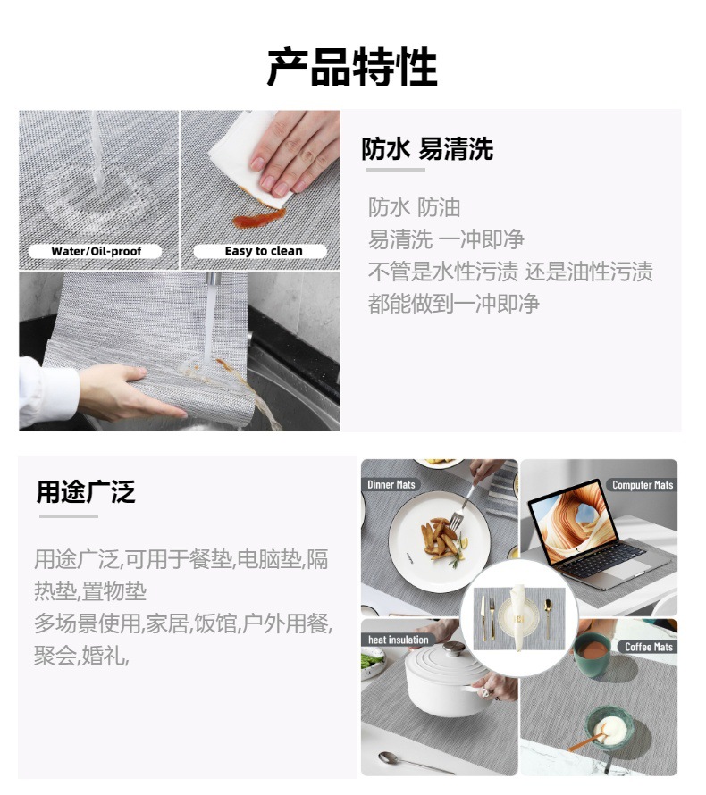 跨境新款方形餐桌垫黑灰方块格特斯林餐垫防滑防水餐厅桌垫详情3
