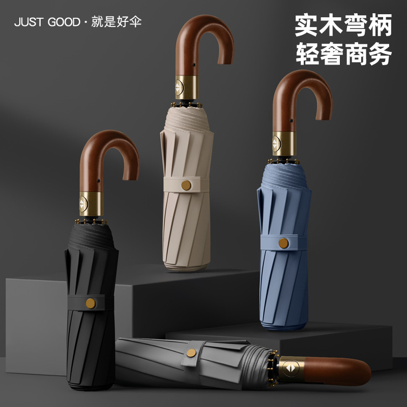 Umbrella with Solid Wood Curved Handle, Foldable Sun Umbrella, Men's Business Large Wind-Resistant Dual-Use Umbrella for Both Sunny and Rainy Weather, Foldable