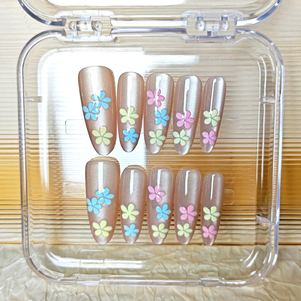 Coloridas flores pequeñas, ojos de gato, uñas de vestir, 10 piezas, polvo claro, uñas de uñas hechas a mano, diseño en relieve, uñas simples