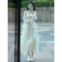 小香风新款法式白色连衣裙春夏长袖设计感小众仙气网纱长裙仙女裙