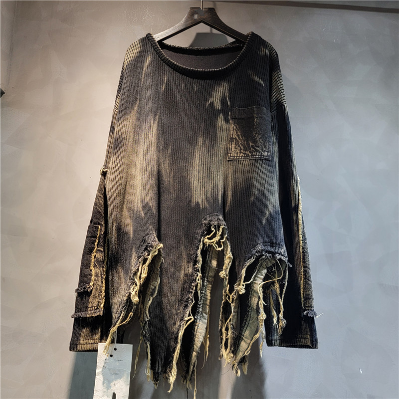 Personalidad de empalme irregular suéter retro hacer viejos atados teñidos de manga larga moda suéter de punto para mujeres otoño invierno