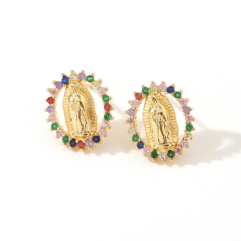 fashion retro religious pattern geometric diamond copper stud earrings