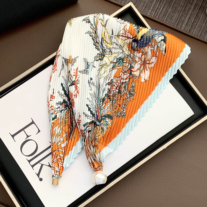 Hebilla de succión magnética collar de perlas bufanda de seda larga y estrecha bufanda de cuello femenino con camisa bufanda fina bufanda de seda plisada bufanda