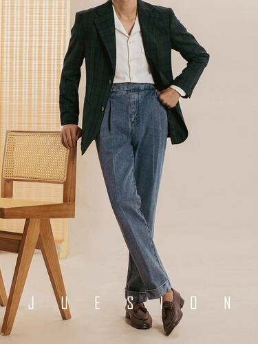 Neapolitan Retro High-Waisted Straight Leg Pants - Japanese Gentleman's Stylish Mix of Heavy-Duty Washed Denim Leisure Trousers
