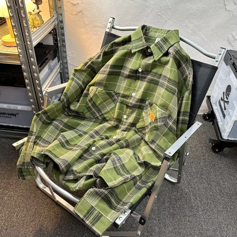 American Retro Green Long-Sleeved Plaid Shirt for Men and Women Ins Trendyy New Versatile Casual Loose Couple Shirt