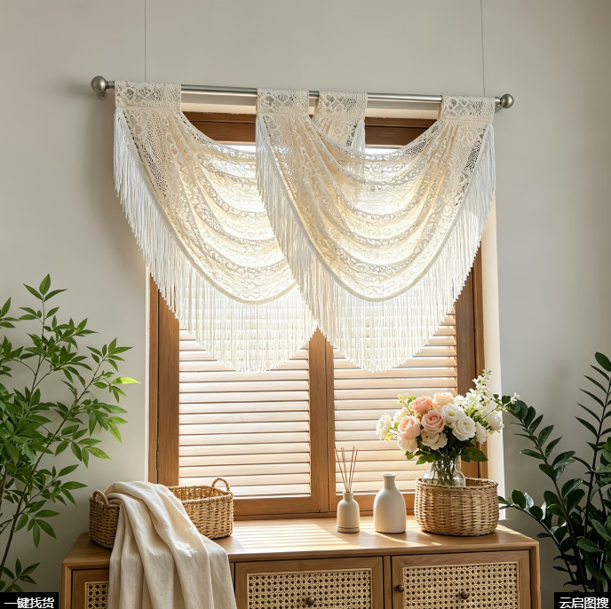 Bohemian style crochet lace tassel door curtain, window curtain, half curtain, decorative sheer curtain for living room and bedroom