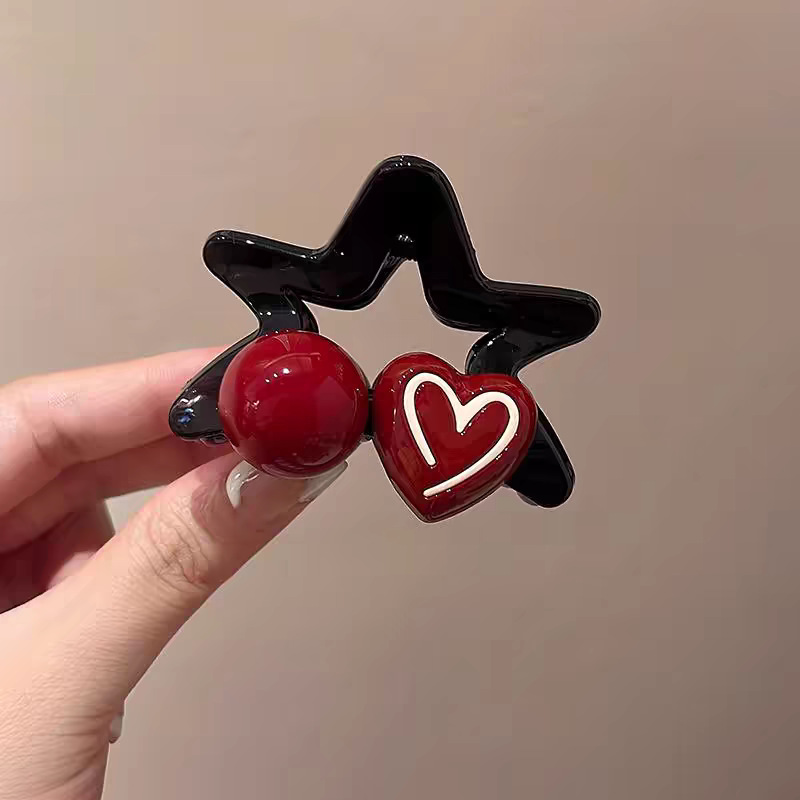 42#Love red bead five-pointed star 6cm hair grip