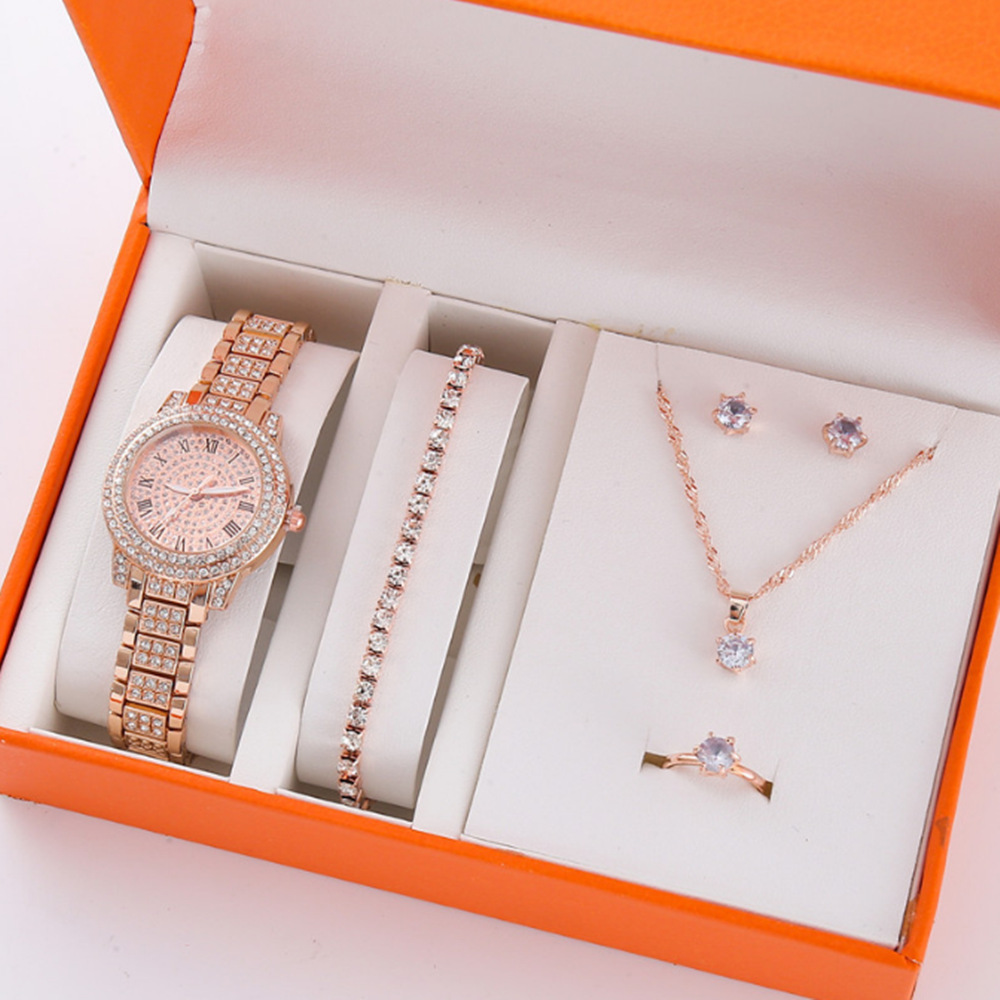 Nuevo producto para mujer 5pcs/set moda de nicho todo fósforo falso traje de reloj de cuarzo con cinturón de acero de tres ojos