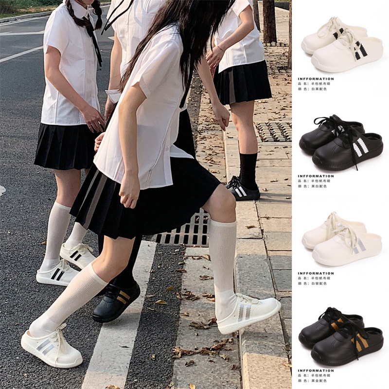 Thin and Thin Personalized Half-Pack German Training Shoes Fashionable Spring and Summer Ins Fashionable Striped Slip-on Shoes Women's Baotou Slippers