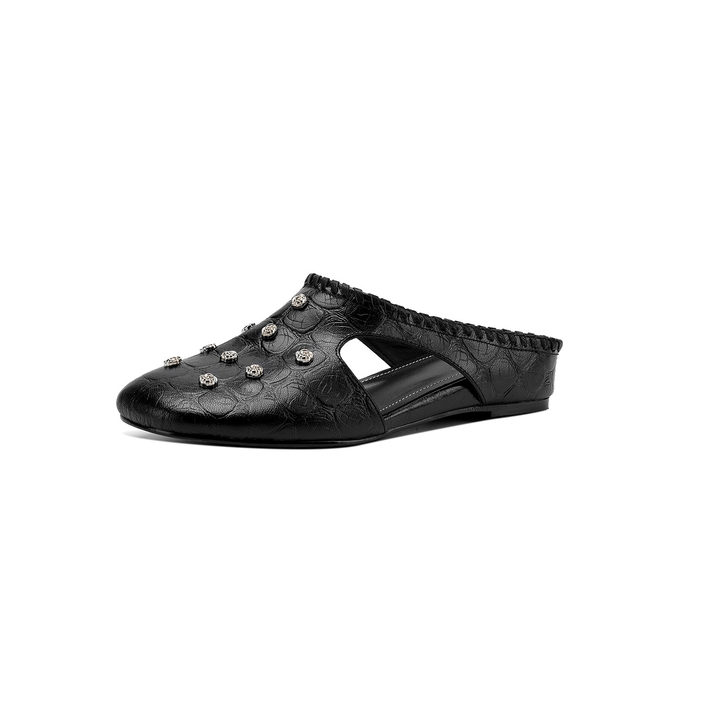 Sandal nữ hở mũi gót thấp da cừu vân đá, hoa đính mũi — đen chi tiết 26