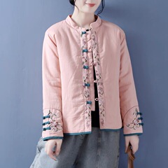 复古盘扣立领对襟棉衣中式厚外套棉服冬新款中国风棉麻绣花棉服女