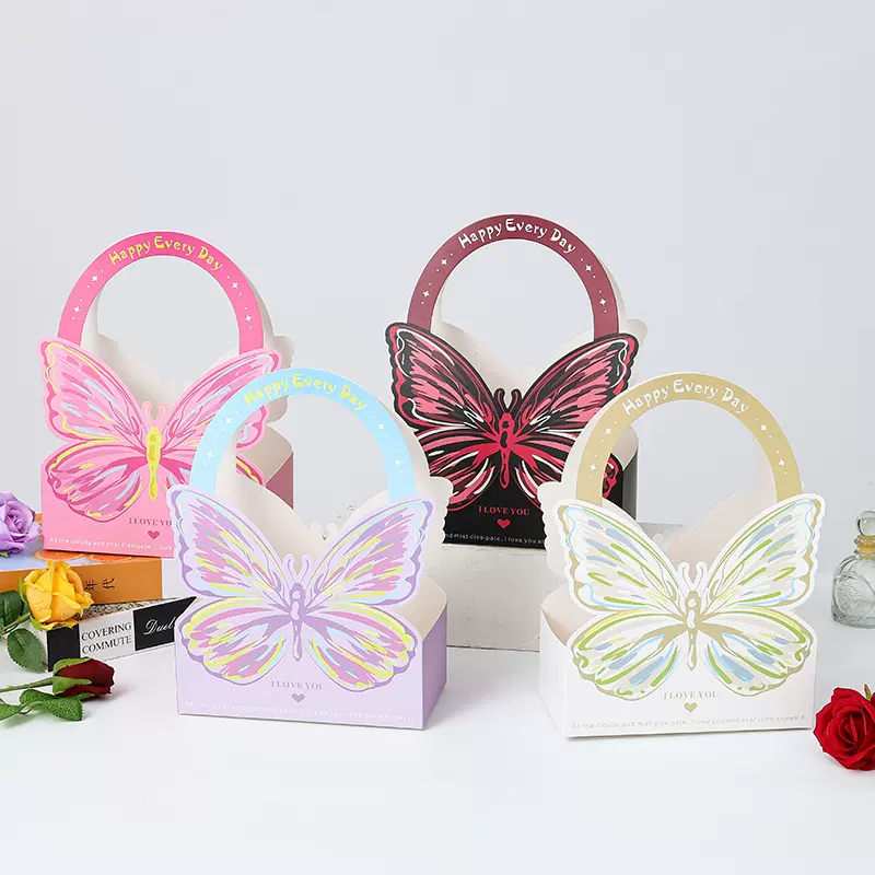 INS风蝴蝶手提花艺礼盒袋 鲜花手捧花束包装 伴手礼纸袋批发热销