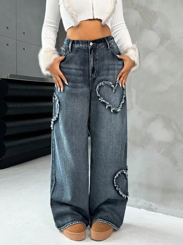 European And American Cross-Border Street Retro Heart Frayed Edge Patchwork Heavy Washed Denim Women's Loose Straight_ecoleips.com