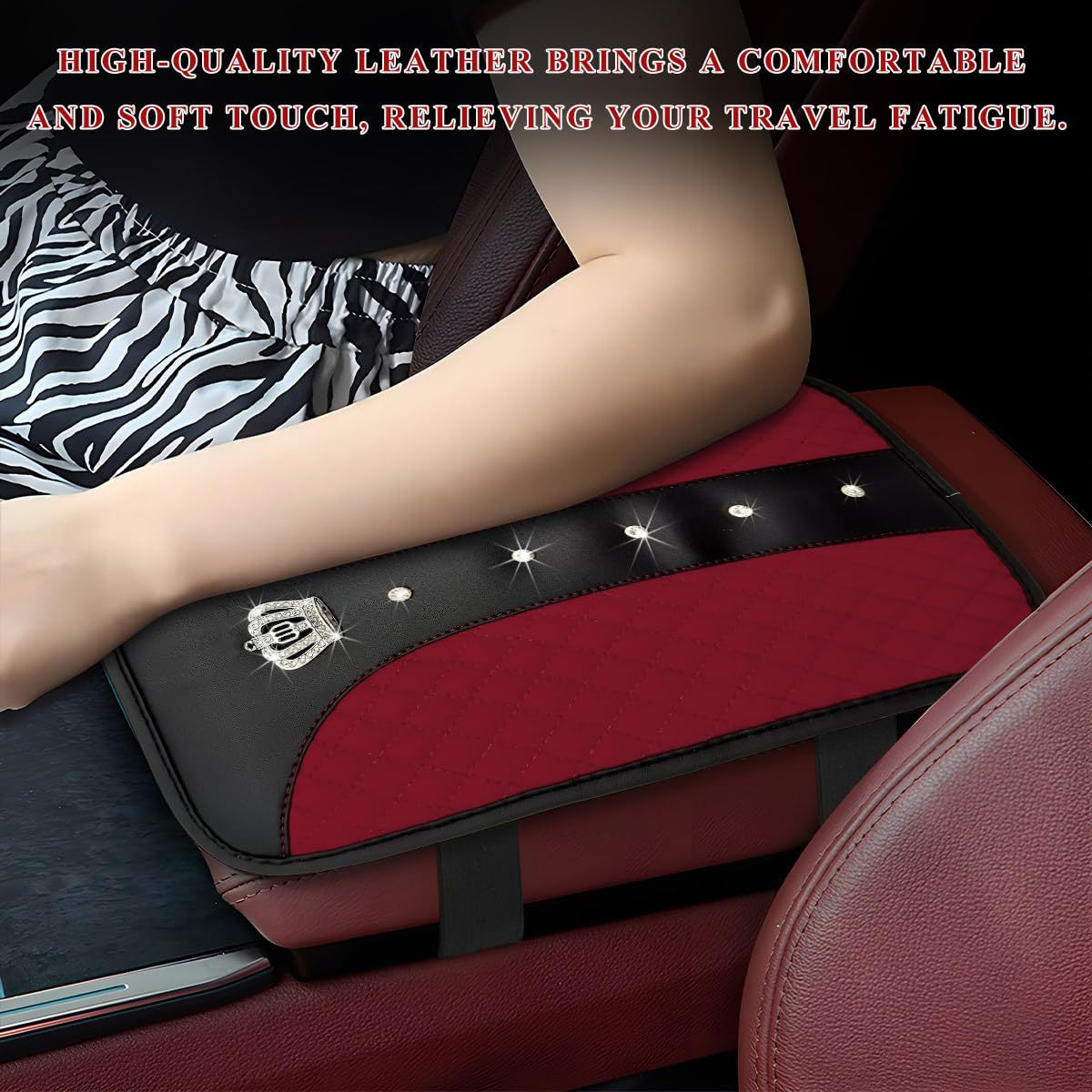 Car armrest box cushion, crown leather studded armrest box pad, armrest cover, three-dimensional quilted embroidery car interior accessory