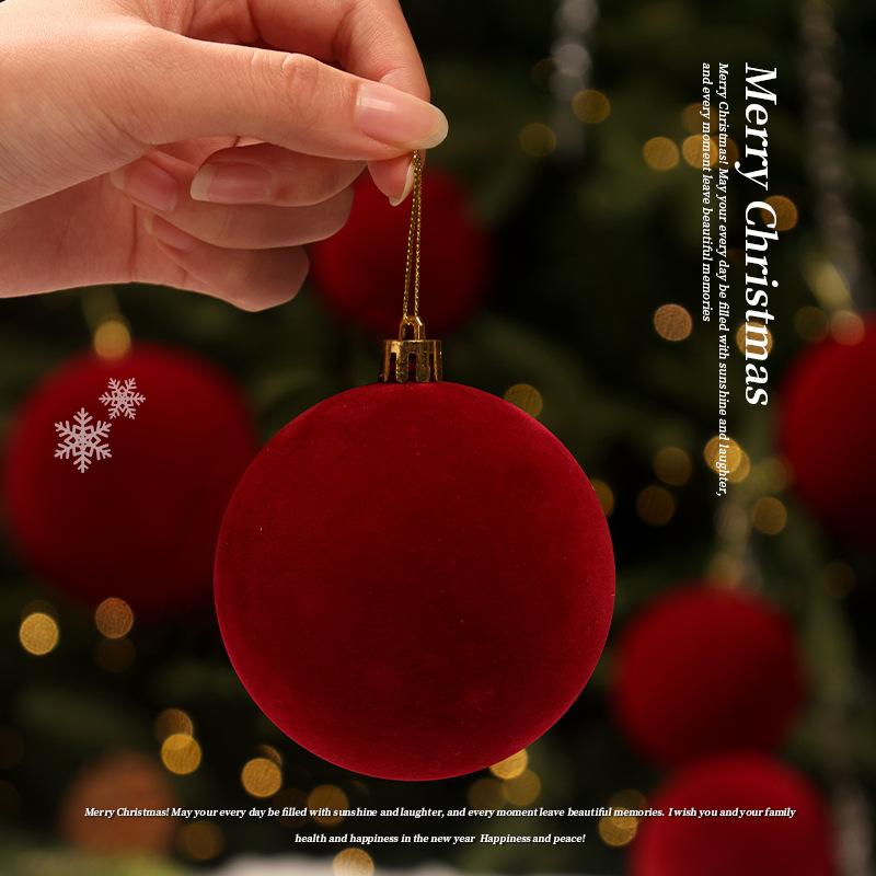 Decoraciones navideñas transfronterizas flocado bolas rojas de Navidad colgantes de árbol de Navidad atmósfera de vacaciones diseño de escena image 2