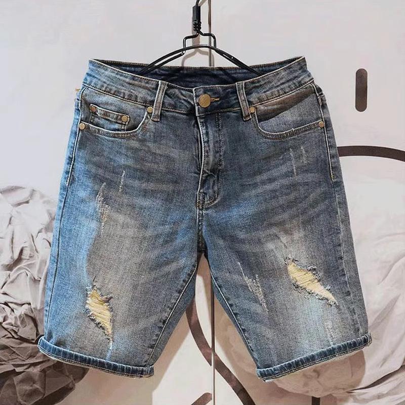 Retro distressed Denim shorts with holes men's trendy brand ins loose straight pants men's summer thin pants
