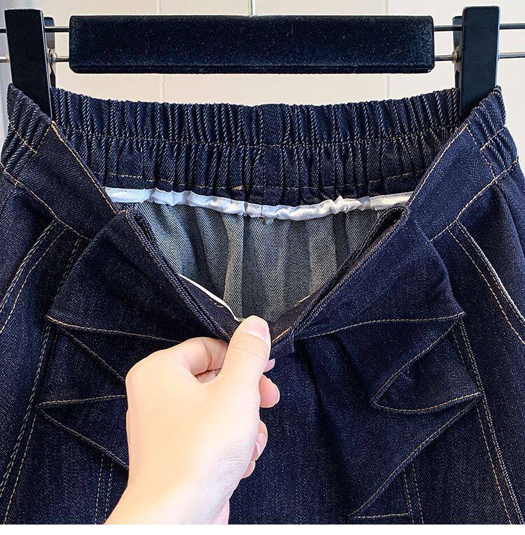 Chân váy denim dáng chữ A cạp cao có nơ, dáng midi che khuyết điểm tôn dáng — Màu xanh dương chi tiết 15