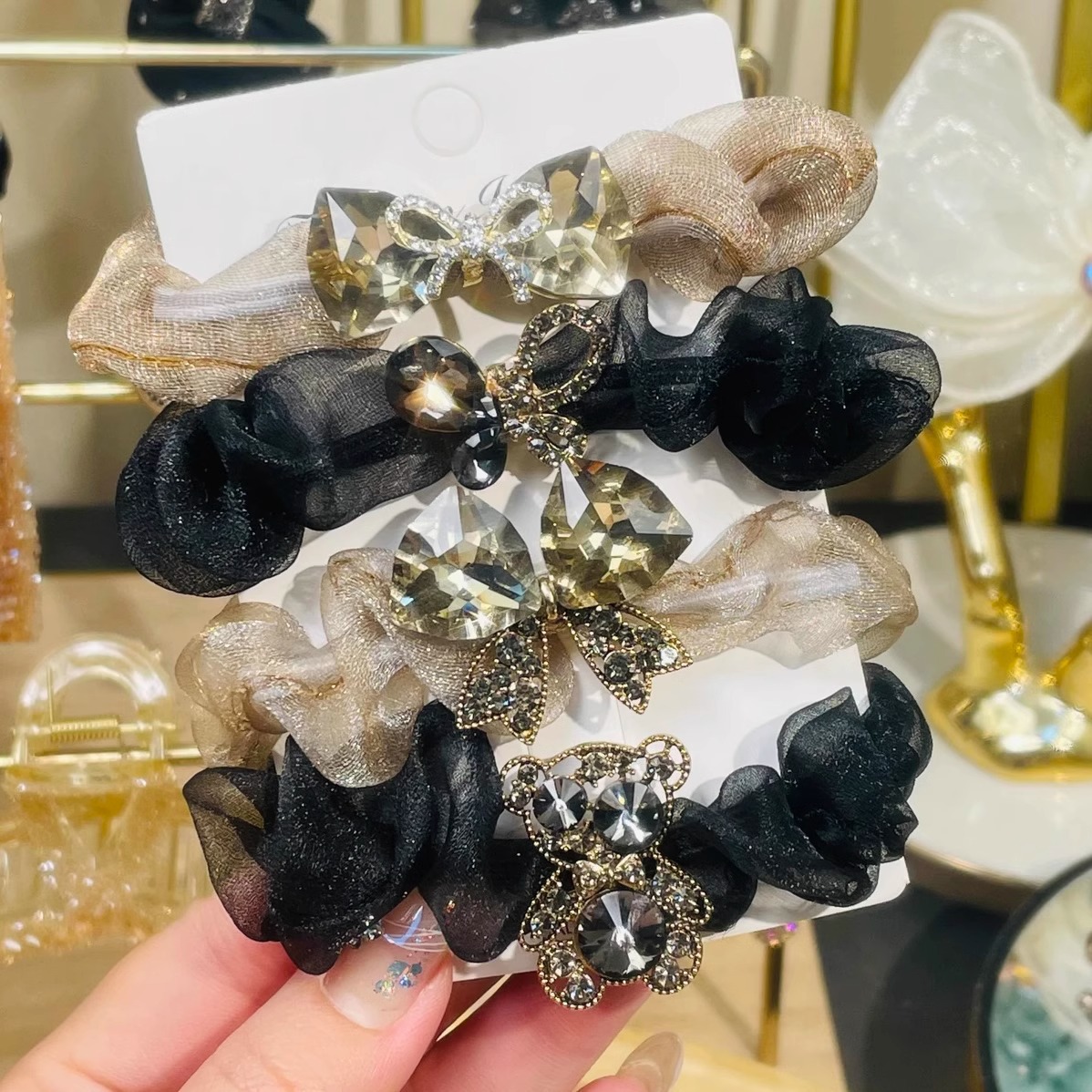 Eugen filato strass intestino tenue fascia per capelli coda di cavallo elastico alto elastico per capelli corda per capelli filato a rete fiocco incastonato di diamanti set di corde per capelli_voghion.com