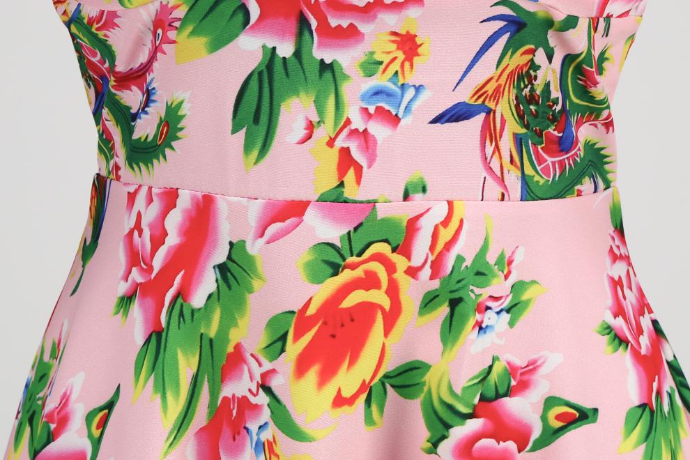Robe amincissante à imprimé floral rétro et col en V pour femme – Robe d'été élégante mi-longue à manches courtes_voghion.com