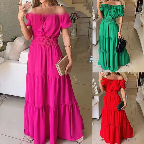 European and American fashion solid color cherry blossom leaf edge strap bubble sleeve big swing dress
