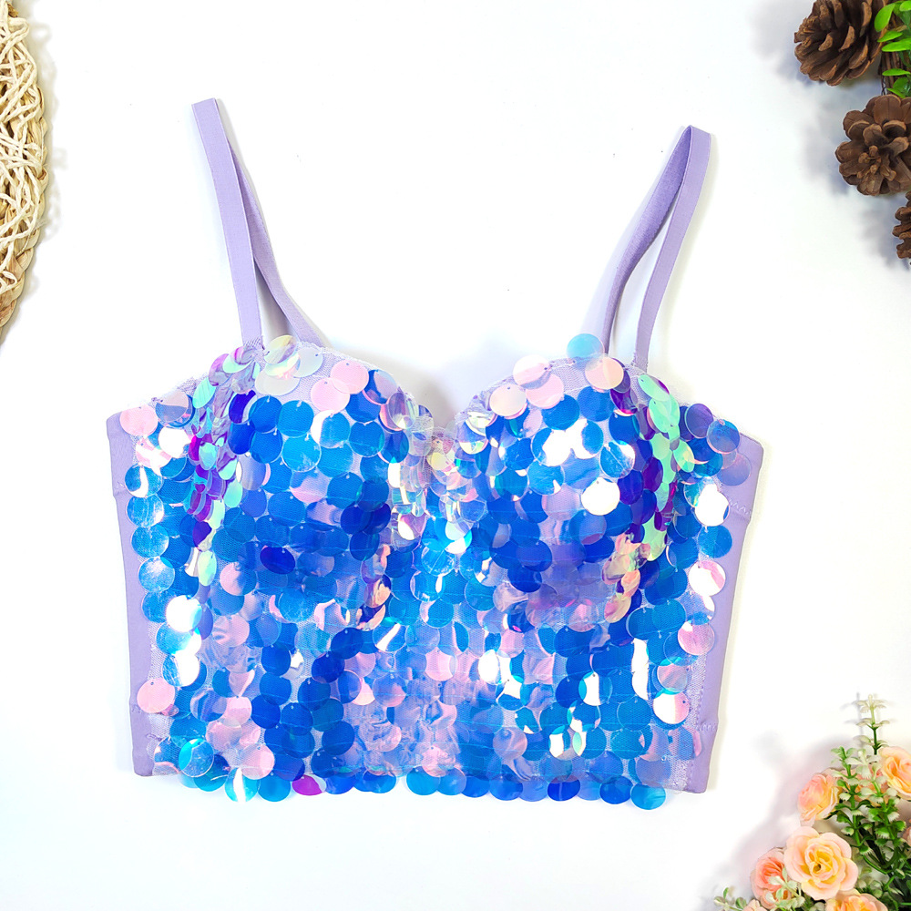 Amazon AliExpress corsé Fishbone sujetador desgaste exterior lentejuelas correa de cuentas coloridas escamas pescado envuelto chaleco pecho