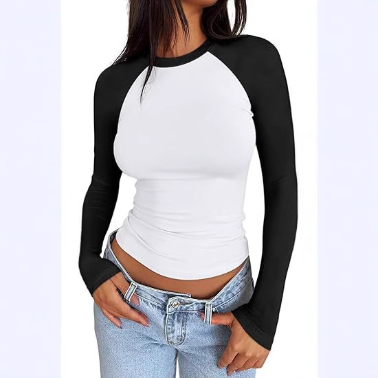 Amazon Cross-Border European and American Women's T-Shirt 2026 Spring/Summer Color-Blocking Round Neck Long-Sleeve Fashion Slim-Fit Women's Top