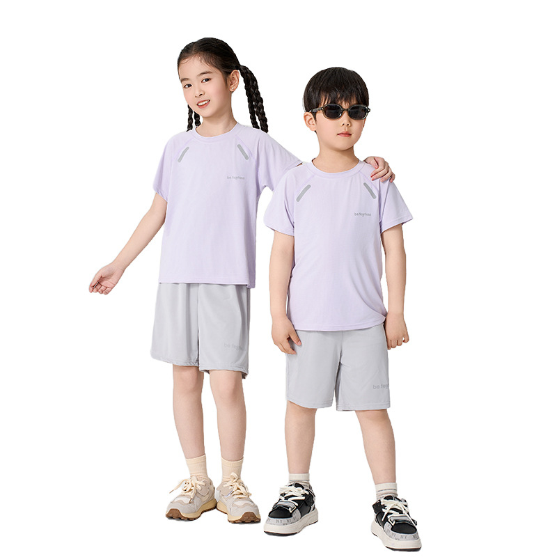Children's Quick-drying Sports Short-sleeved suit Summer Boys and Girls Casual Thin Ice Silk Mesh T-shirt Shorts suit
