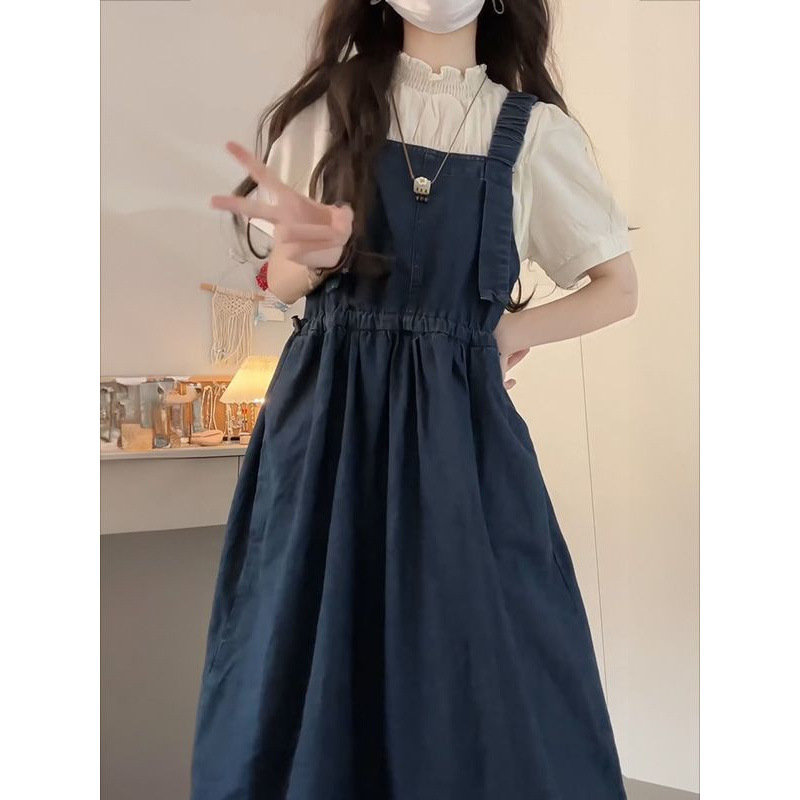 甜美学院风小个子宽松遮肉牛仔背带连衣裙+衬衫两件套装|undefined