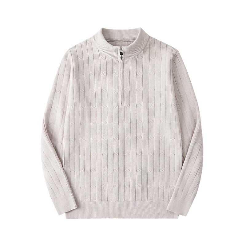 Maglione invernale da uomo in maglia jacquard con cerniera, motivo a blocchi di colore e a righe, strato di base spesso da 320 g, vestibilità ampia e collo alto._voghion.com