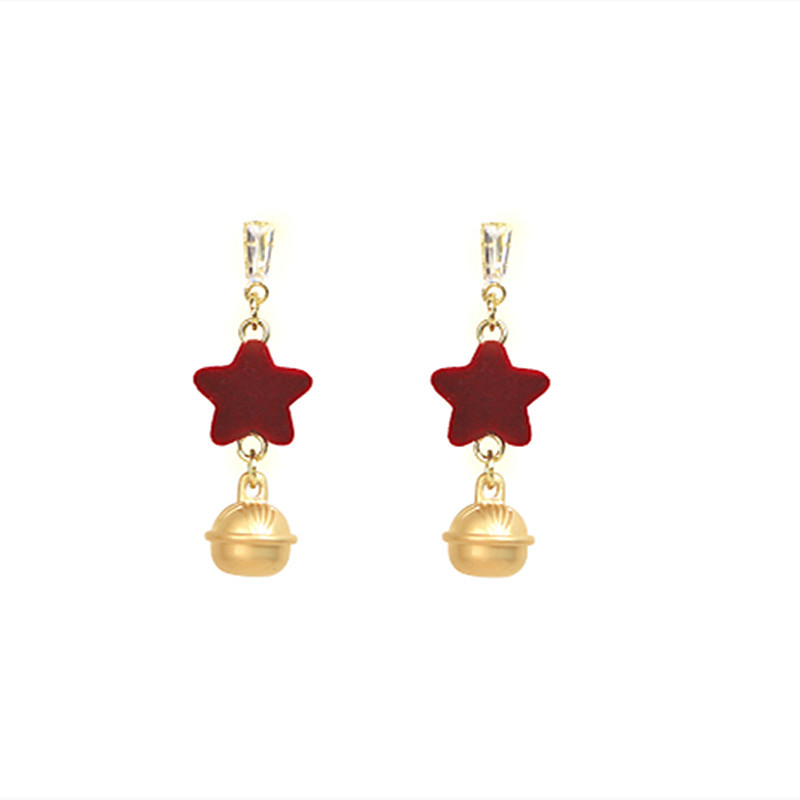 Brincos de nicho de pentagrama de veludo vermelho de ano novo, brincos de agulha de prata de alta qualidade Feeling Bell para mulheres_voghion.com